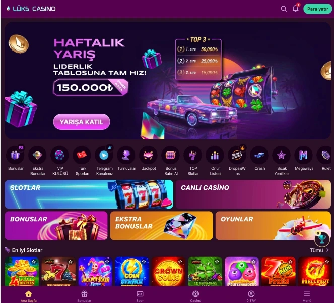 Homepage lobby view Lukscasino TR main lobby screen with a Weekly Race banner, quick category icons and a Top Slots row